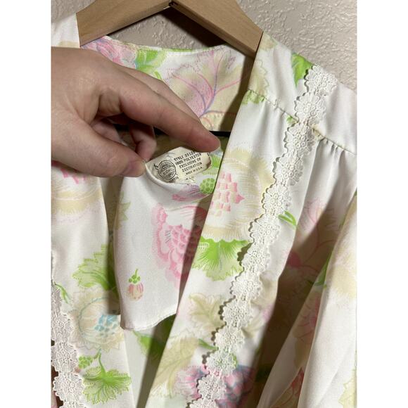Vintage Christian Dior Lingerie PInk Green Floral Lace Robe Wrap Size Small - Picture 9 of 10